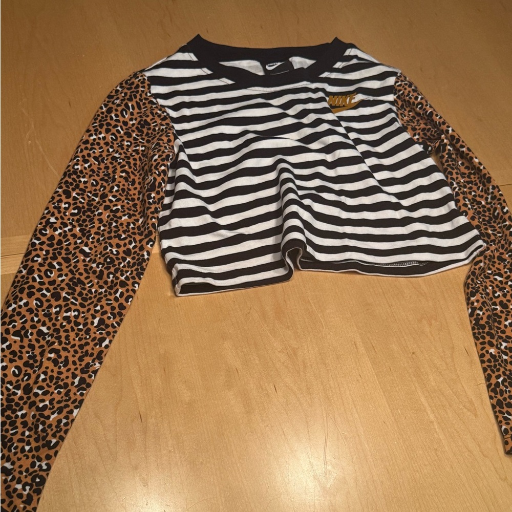 Nike Black & White Striped Cropped Tee with Leopard-Print Brown Sleeves